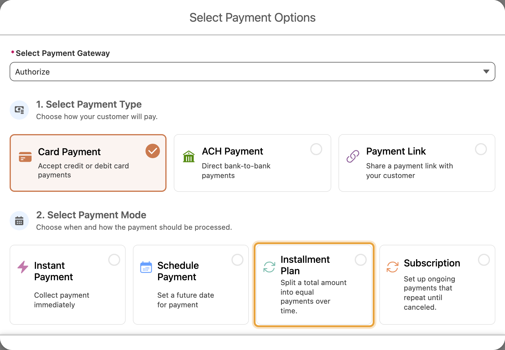 The Charge screen payment mode step, with the Installment Plan tile highlighted alongside Instant Payment, Schedule Payment and Subscription