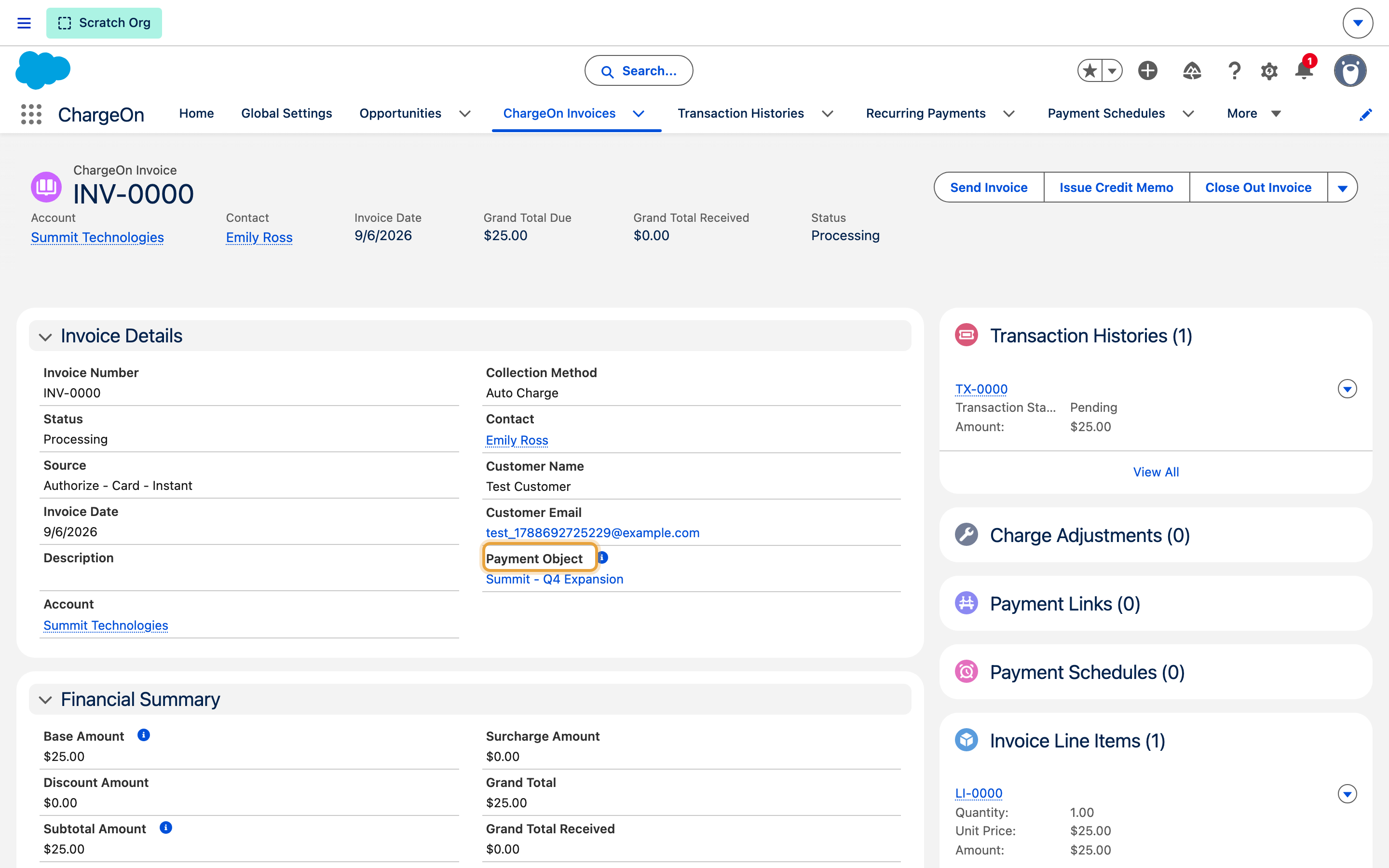 An invoice record with the Payment Object field highlighted, showing the source record as a clickable link