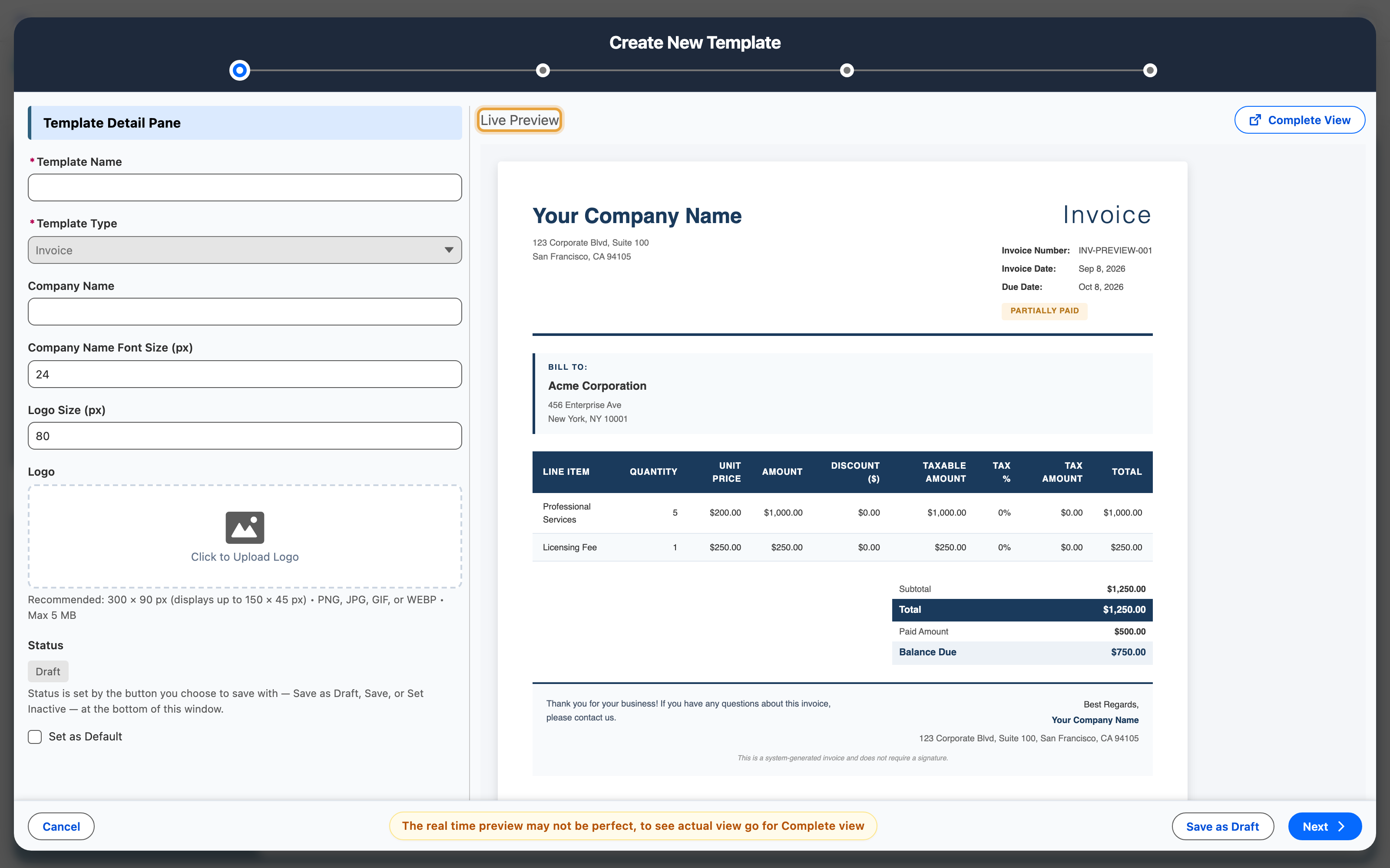 An invoice template open in the builder, with the settings on the left and a live preview of the invoice on the right