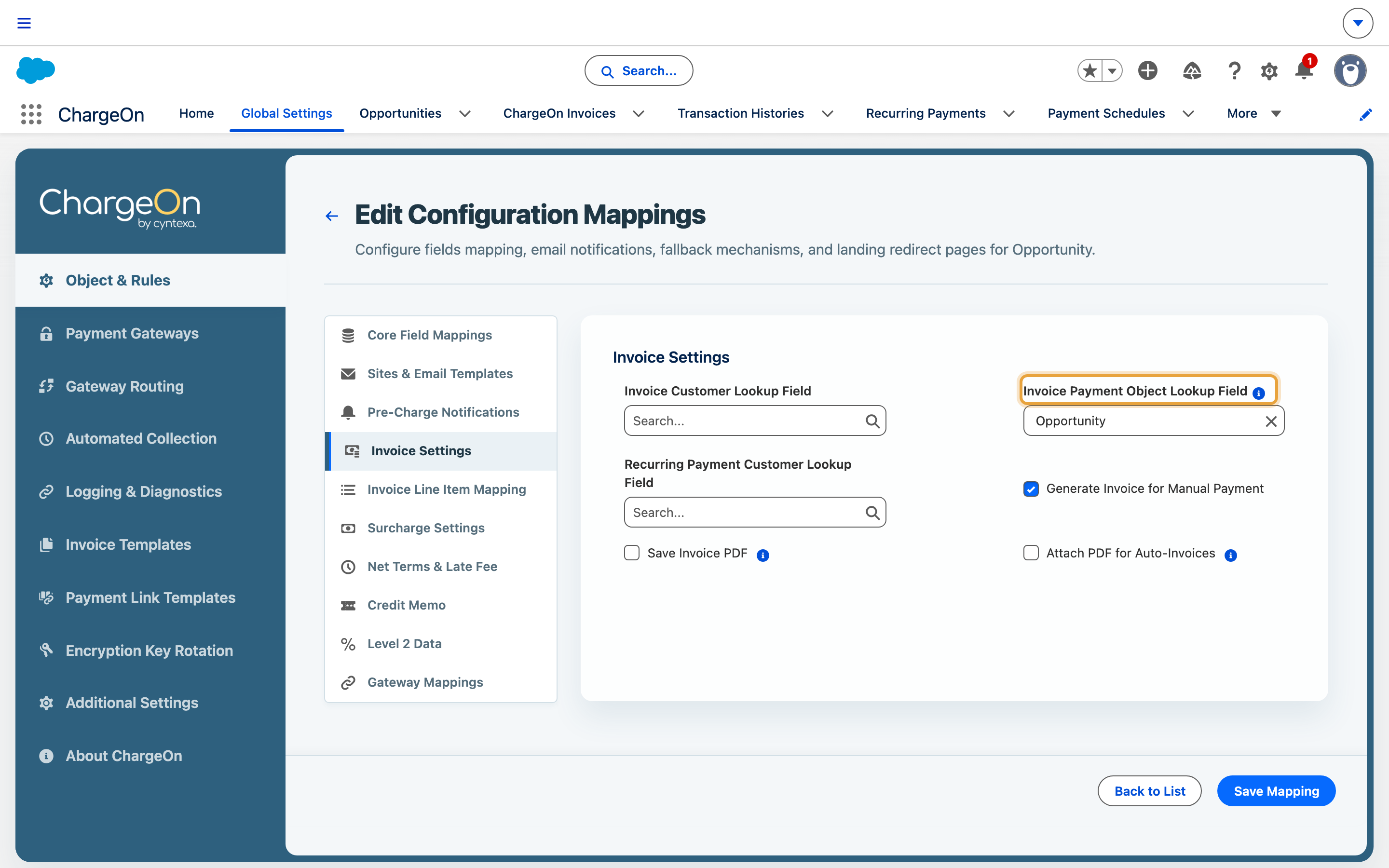 The Edit Configuration Mappings screen on Invoice Settings, with Invoice Payment Object Lookup Field set to Opportunity