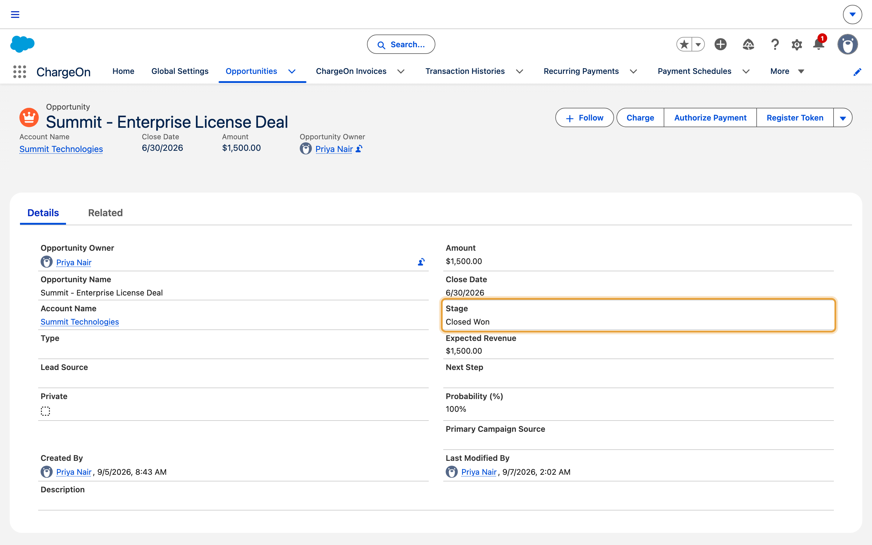 The Summit Enterprise License Deal Opportunity with Stage showing Closed Won, set by the Flow when its invoice was paid