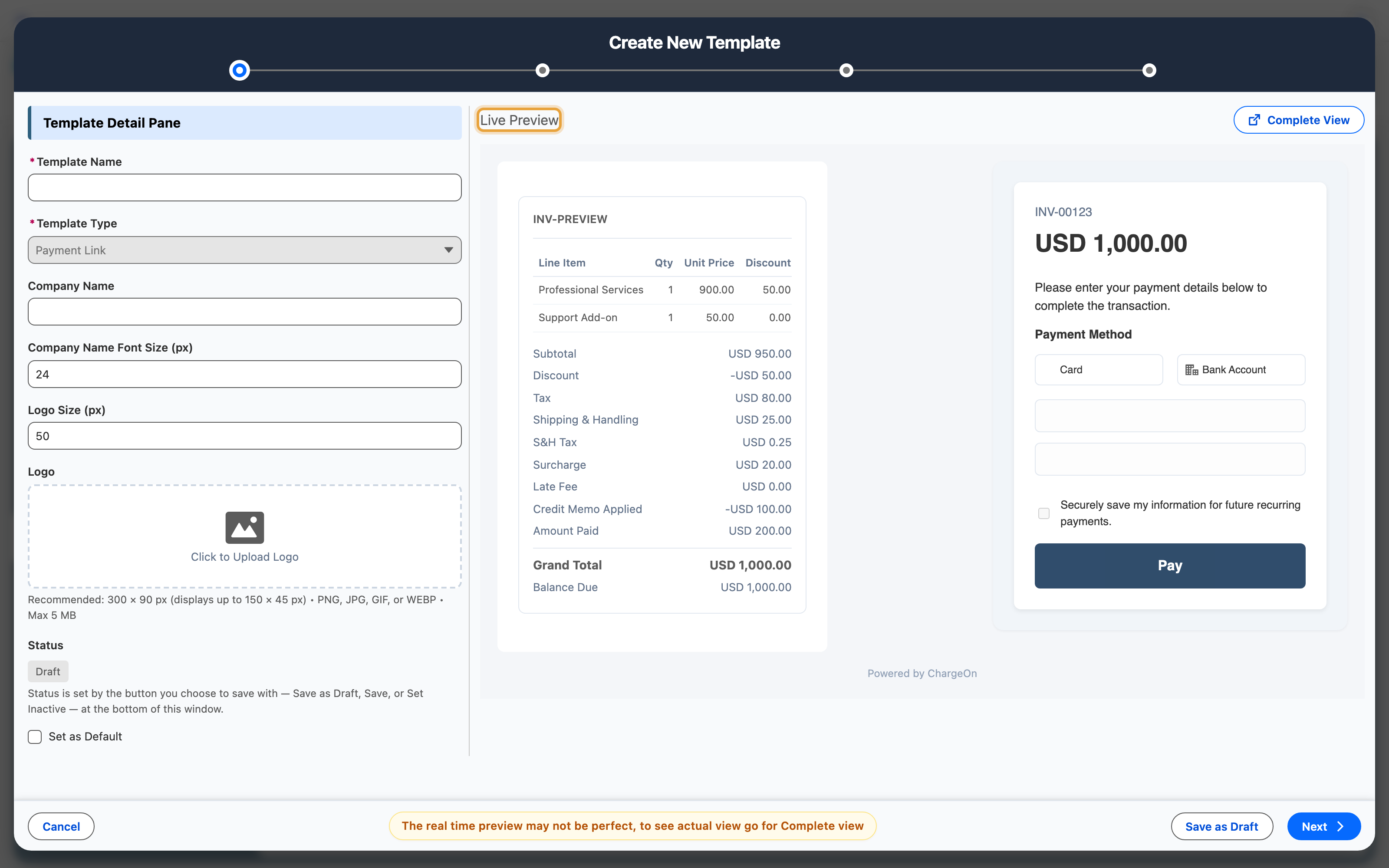 A payment link template open in the builder, previewing the branded page a customer opens from the link