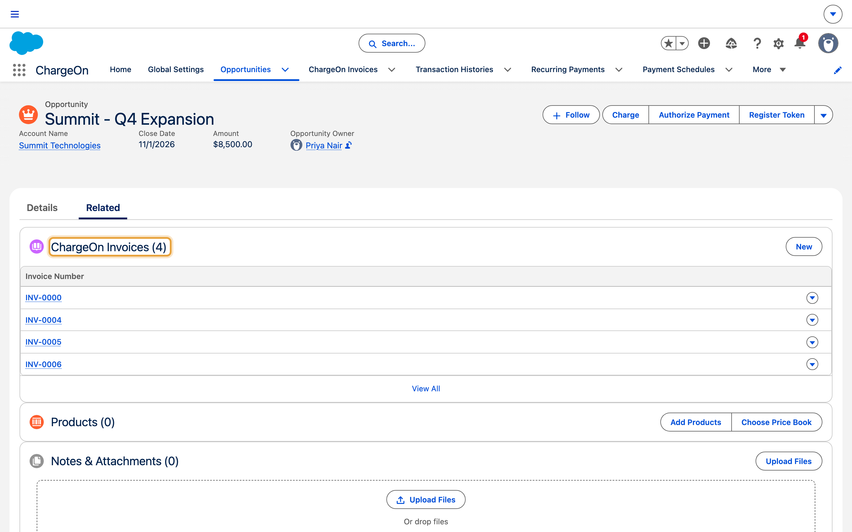 An Opportunity's Related tab, showing a ChargeOn Invoices related list with 4 invoices raised against that Opportunity